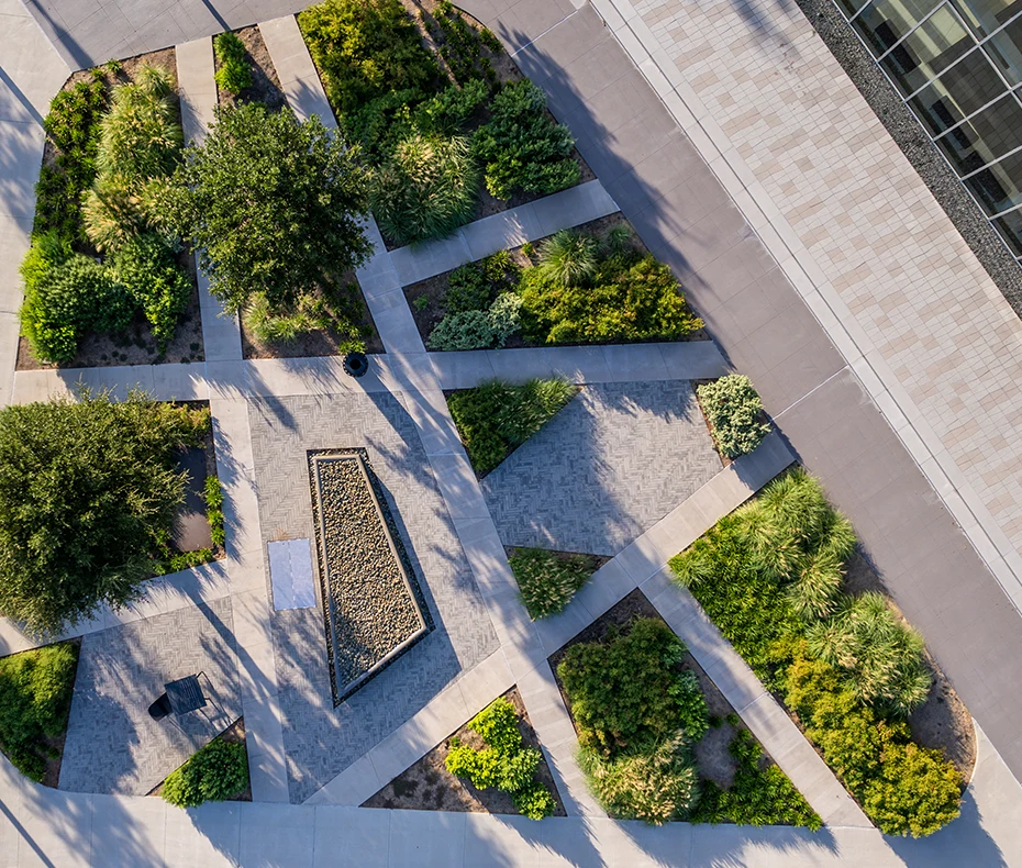 Aerial view of the geometric landscaping beds within the Creative Commons