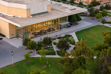 Aerial view of front of the TCU Music Center