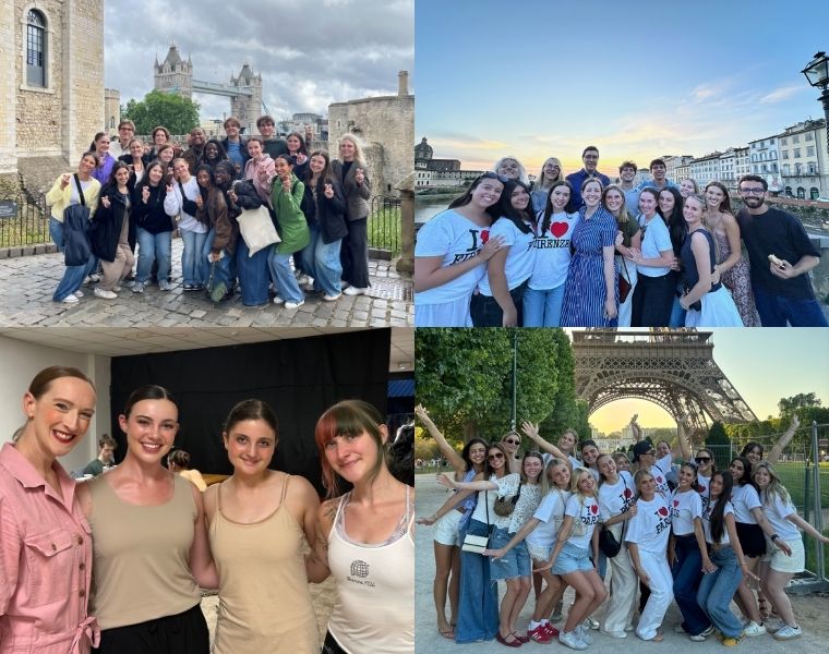collage of fine arts summer abroad trip group photos, in locations like London, Paris, and Italy