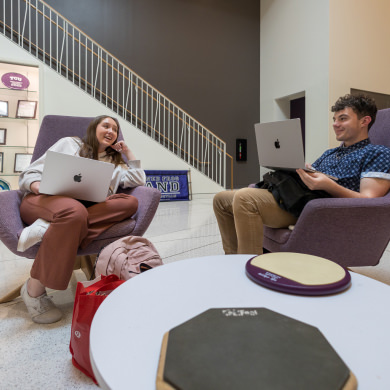Two students in a common area on their laptop computers