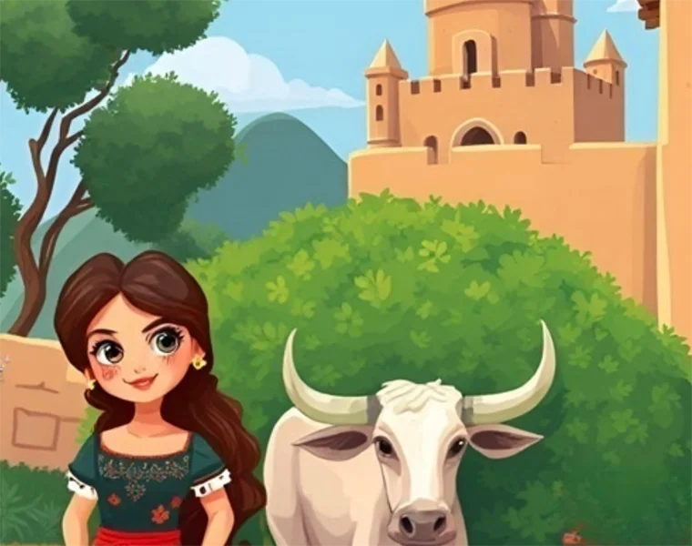 Illustration of a young girl and a cow standing in front of a castle